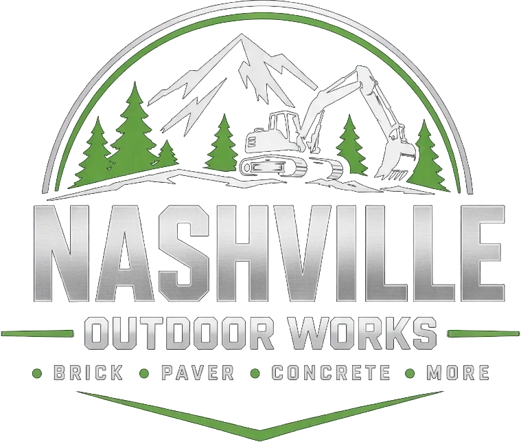 The Nashville Outdoor Works badge: mountains, pines and an excavator above the words Brick, Paver, Concrete, More
