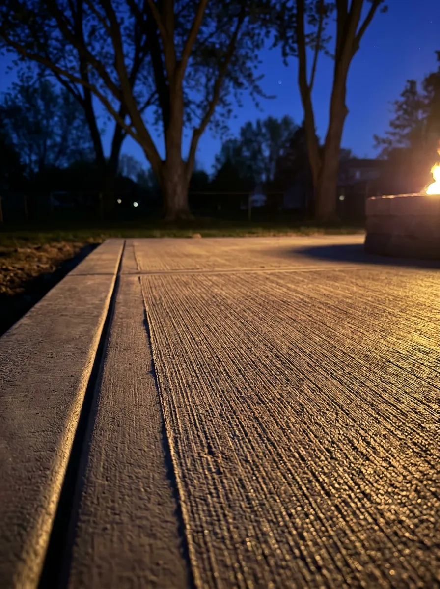 Broom-finished concrete with a tooled control joint, close up