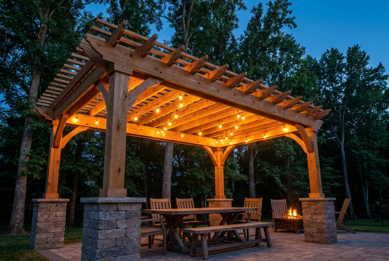 A cedar pergola with string lights over a paver patio and dining table at dusk
