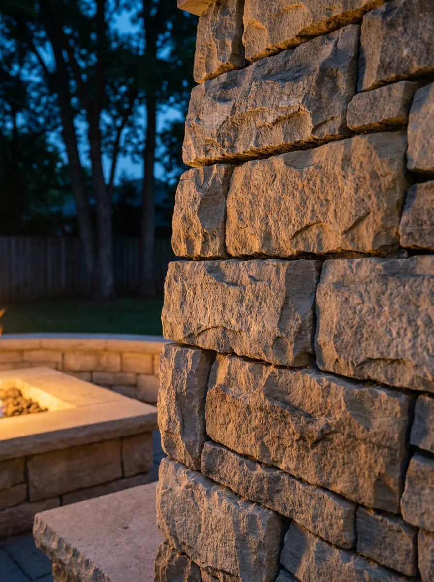 A dry-stacked limestone wall face with rough split edges, close up